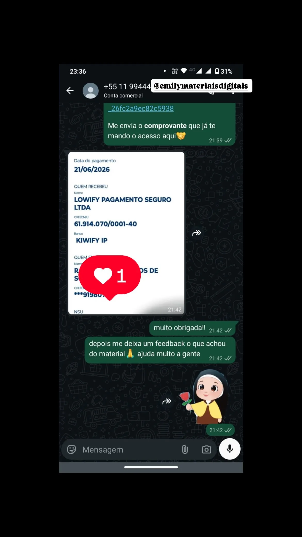 Print de conversa com cliente satisfeito
