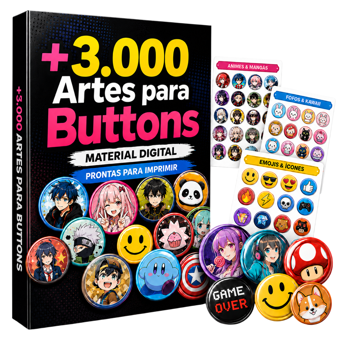 Pack com mais de 3.000 artes para buttons, material digital pronto para imprimir